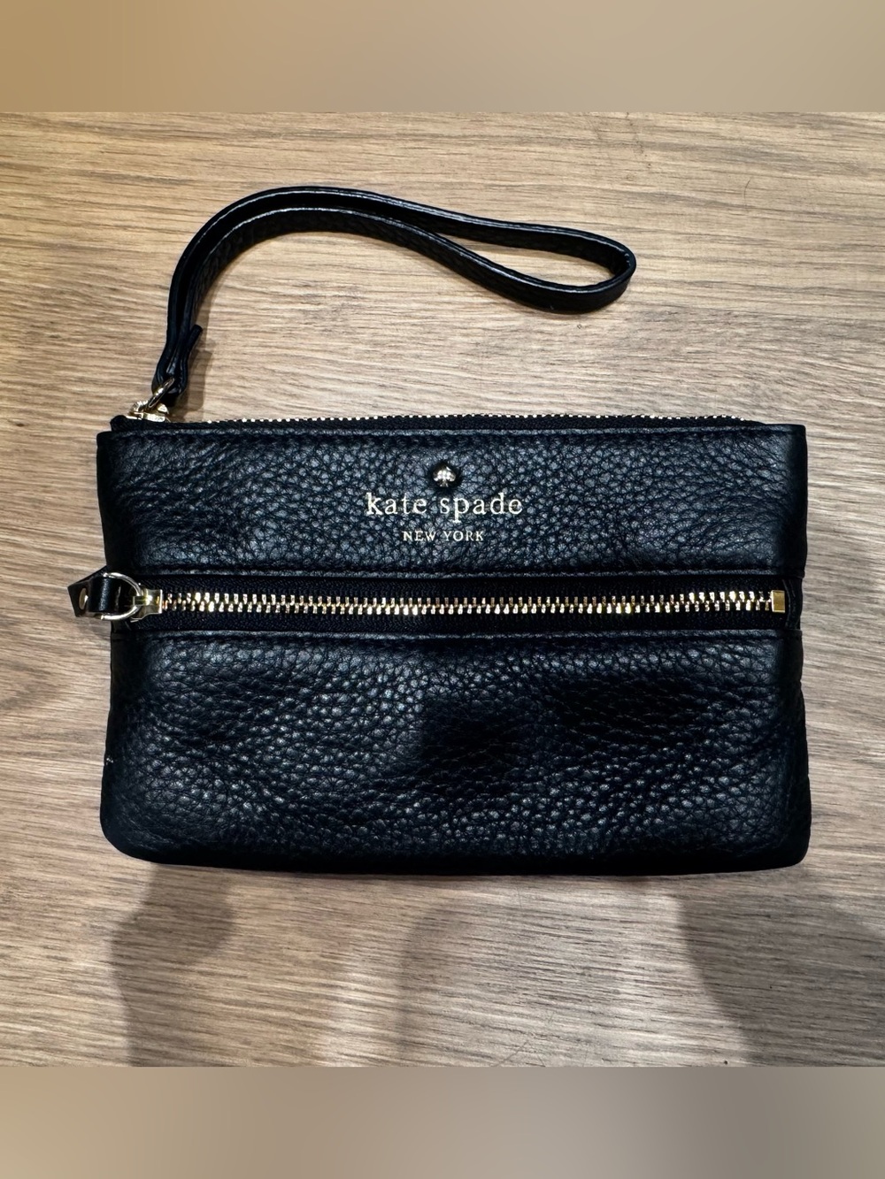 kate spade Black Pebbled Leather Wristlet with Gold Zip